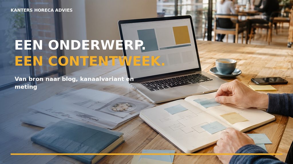 Contentweek voor horeca-expert: laptop en planning op een horecatafel, van één onderwerp naar meerdere berichten.