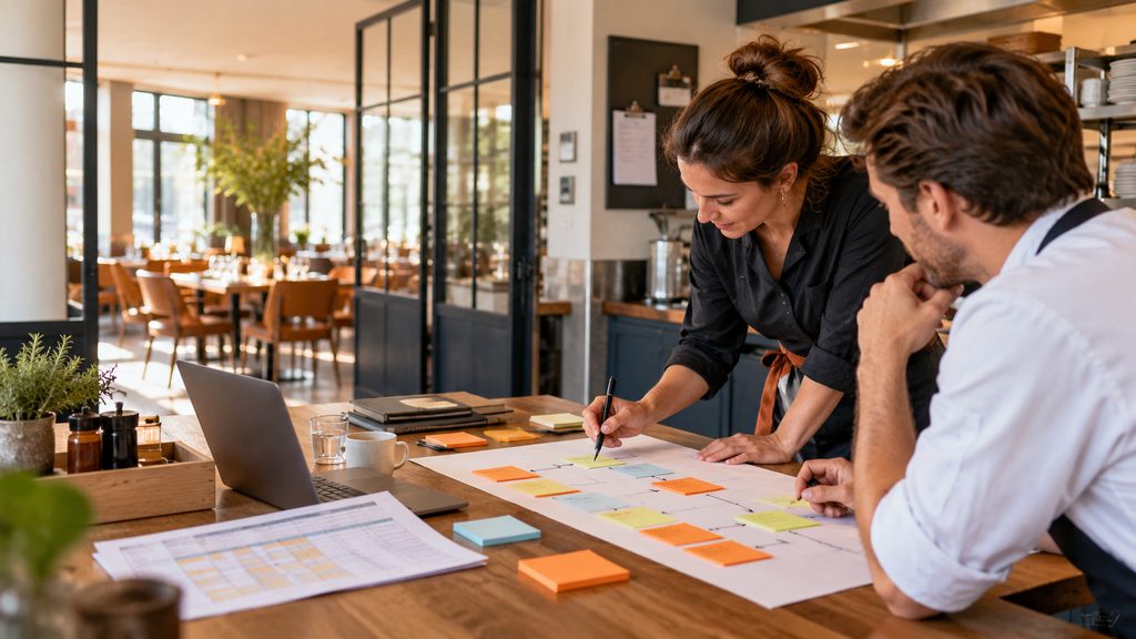 Horecamanager controleert facturen en rapportages om de backoffice te automatiseren in de horeca.