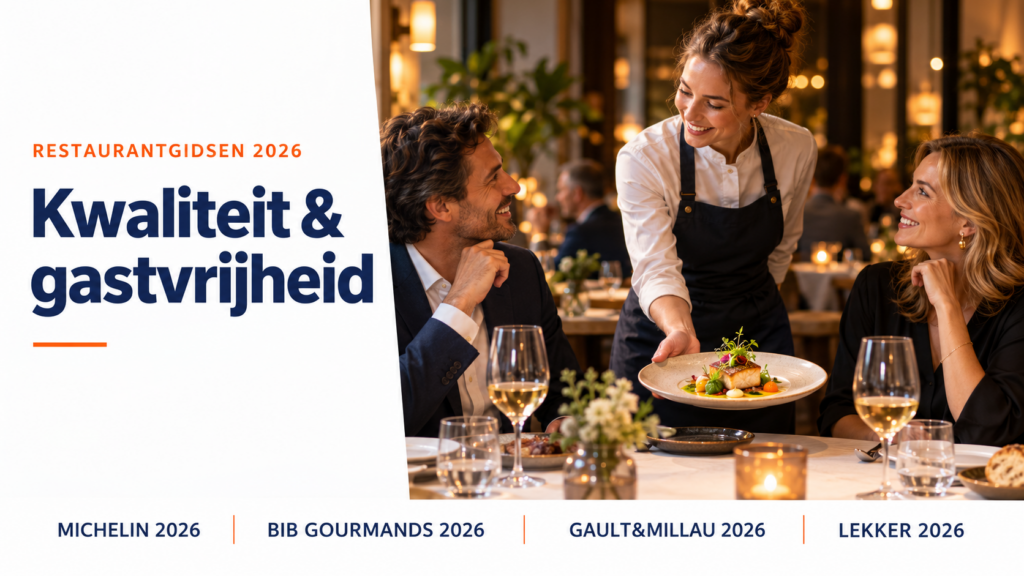 Kwaliteit en gastvrijheid in de horeca: een medewerker serveert een verfijnd gerecht, met verwijzingen naar Michelin, Bib Gourmands, Gault&Millau en Lekker 2026.